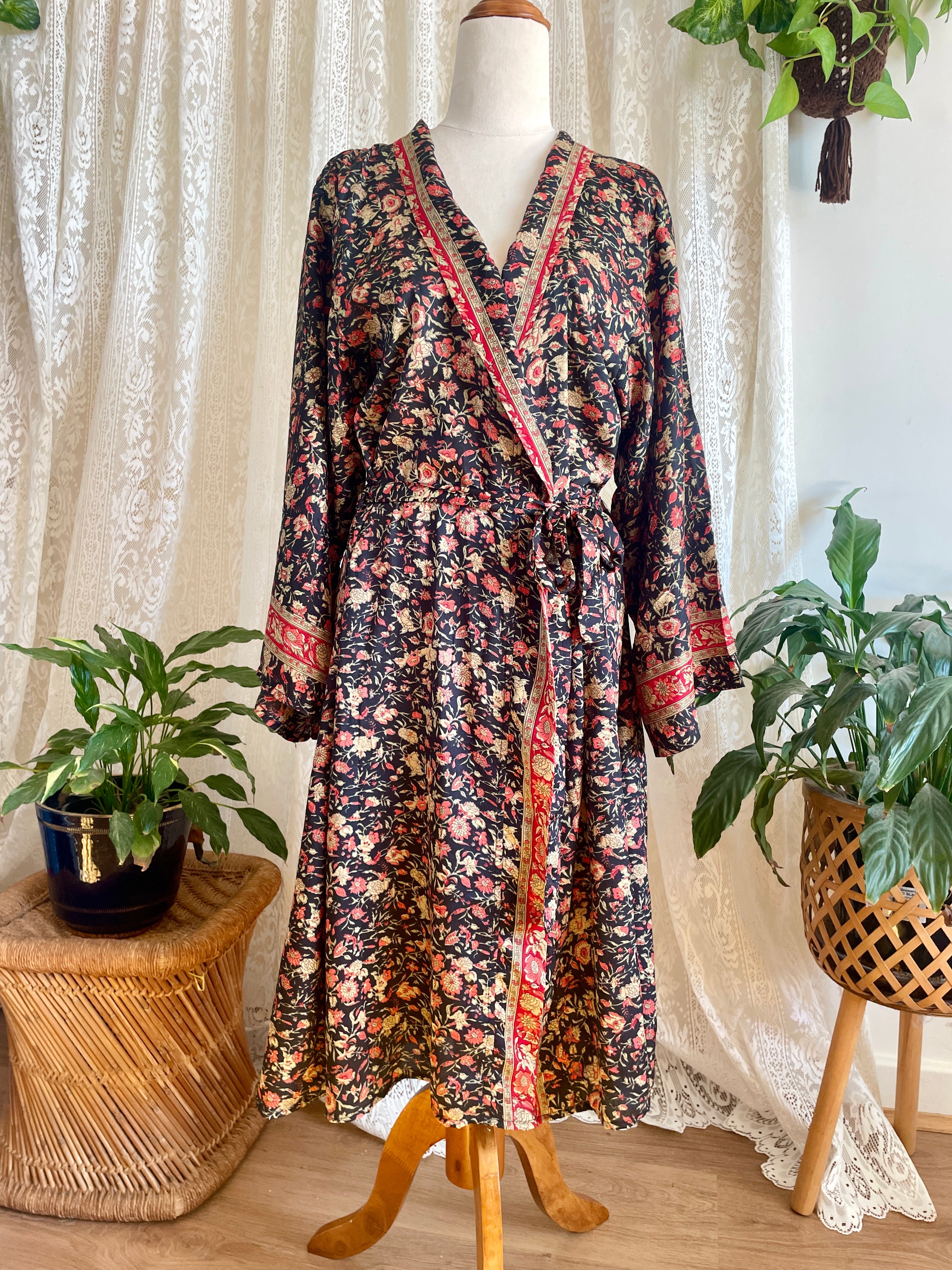 Tree Of Life Floral Wrap Kimono Dress / Robe