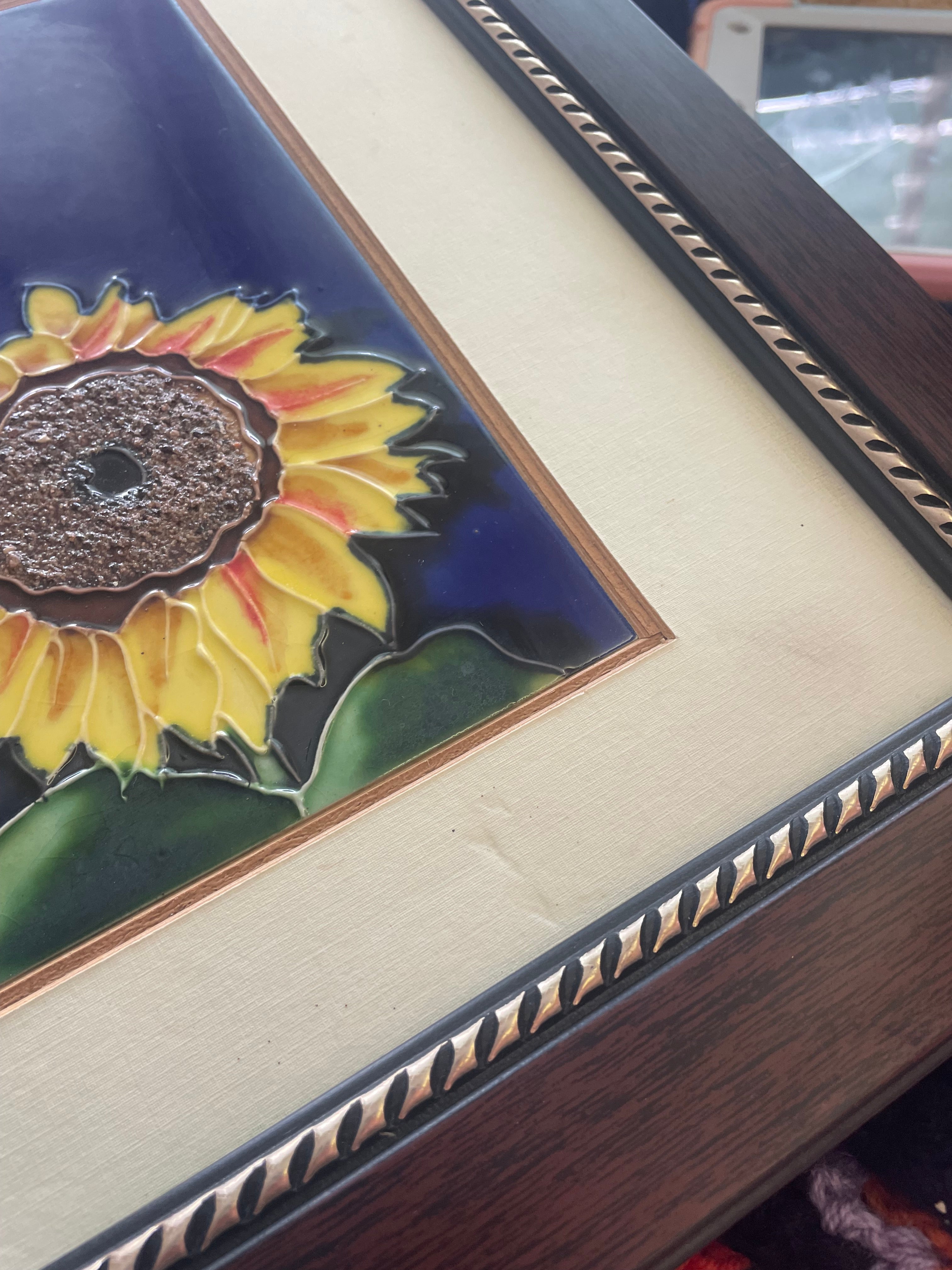 Handpainted Sunflower Vintage Ceramic Tile in Frame