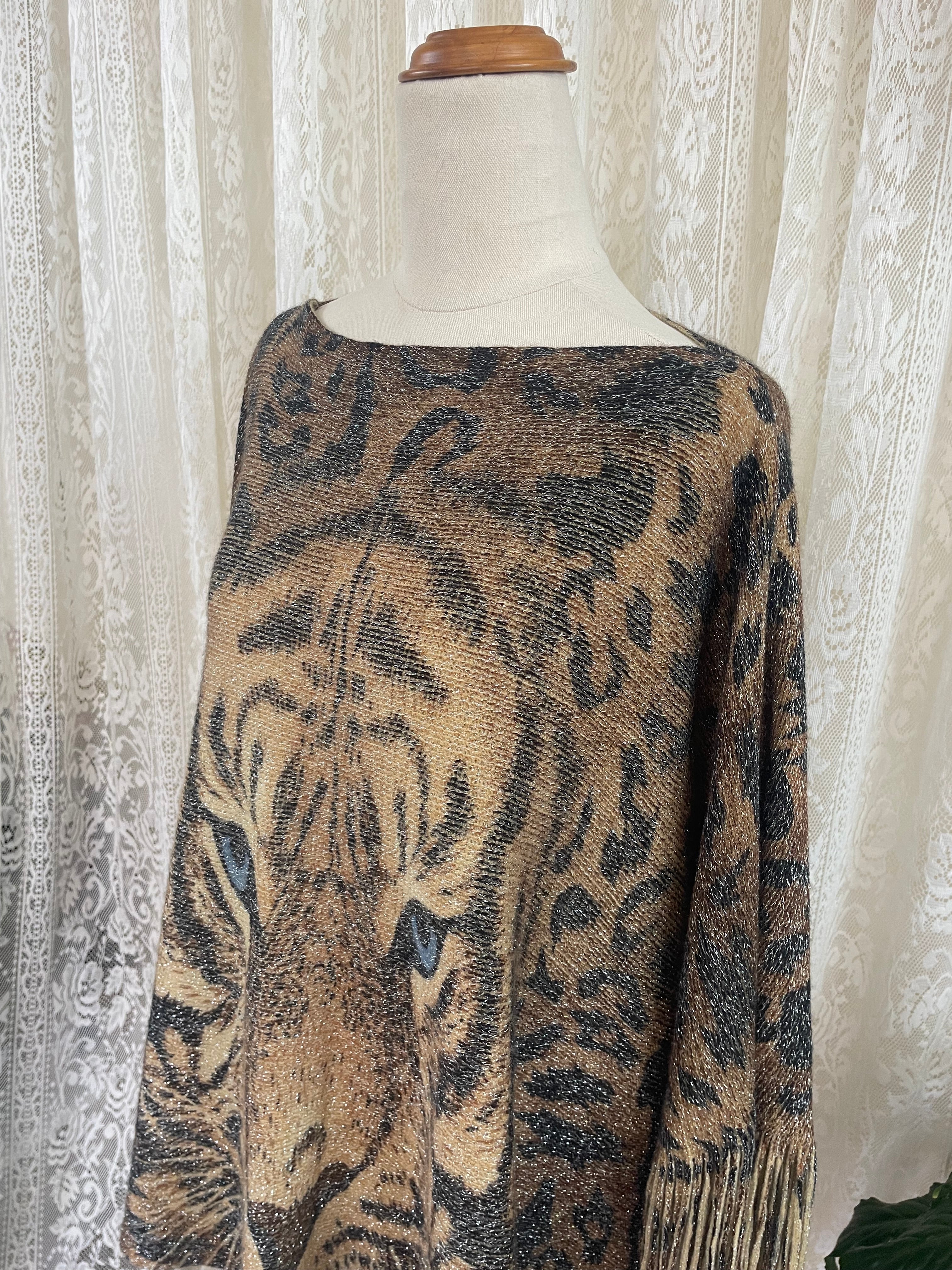 Tiger print poncho with fringe