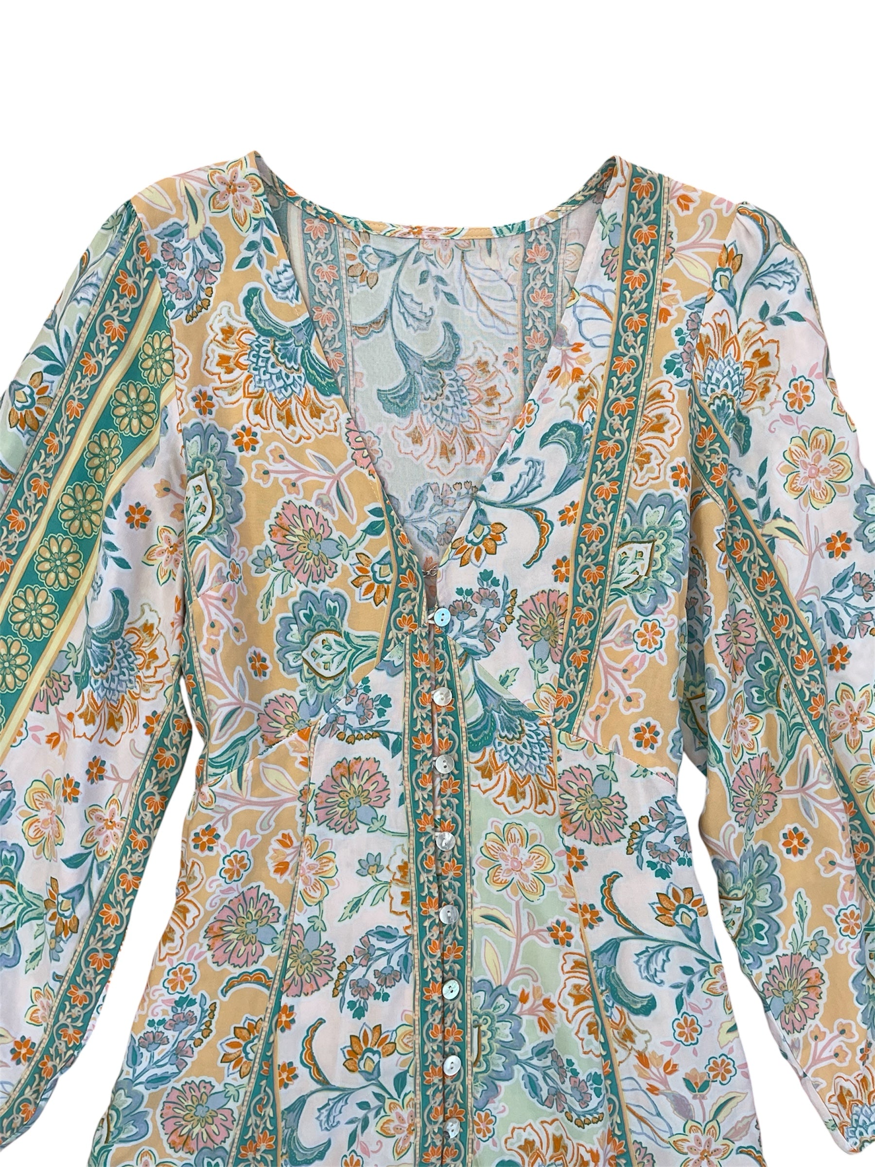 Pastel 3/4 sleeve Lightweight Patterned Dress with Button up Front