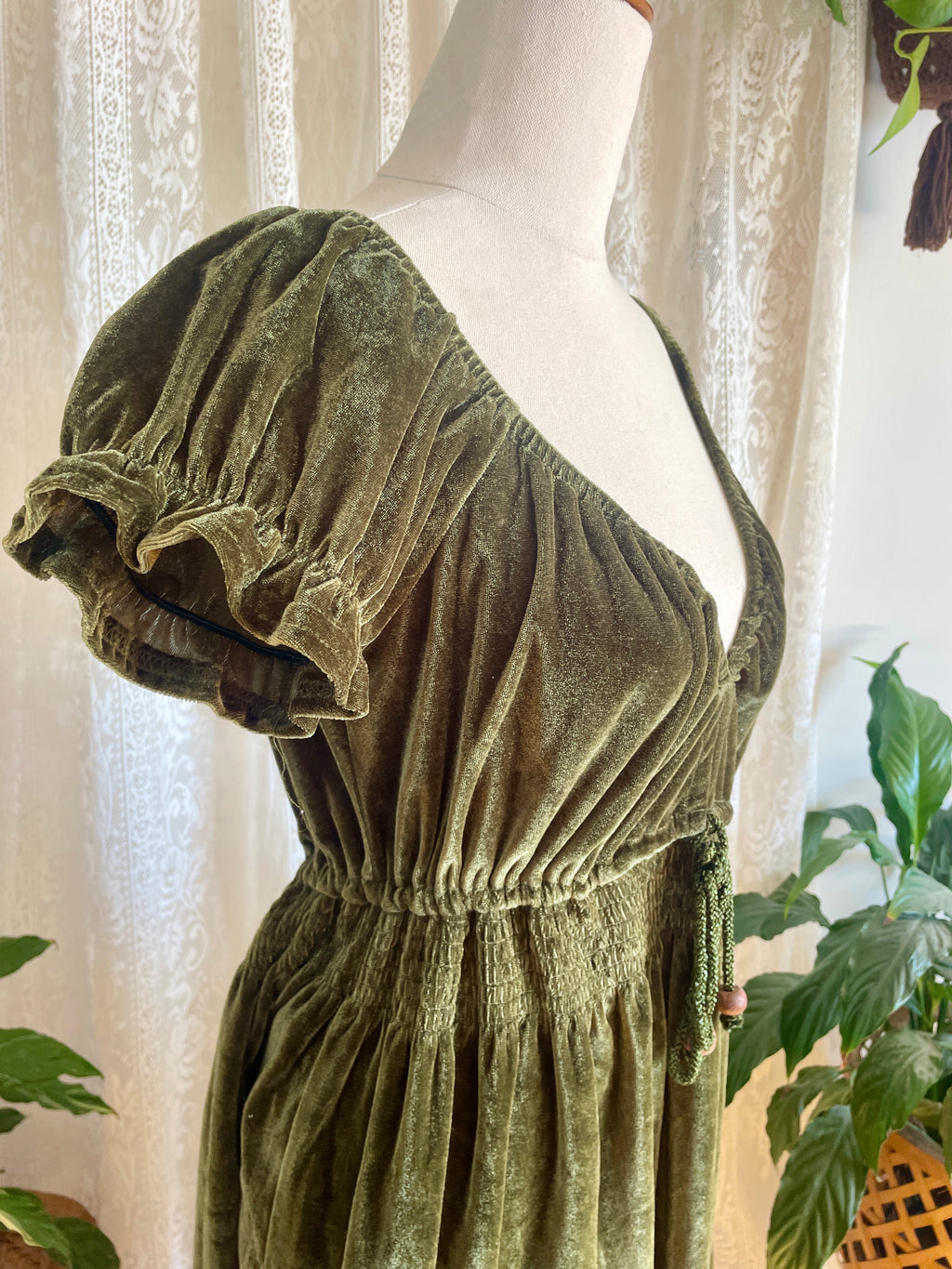 Olive Green Velvet Peasant Style Mini Dress