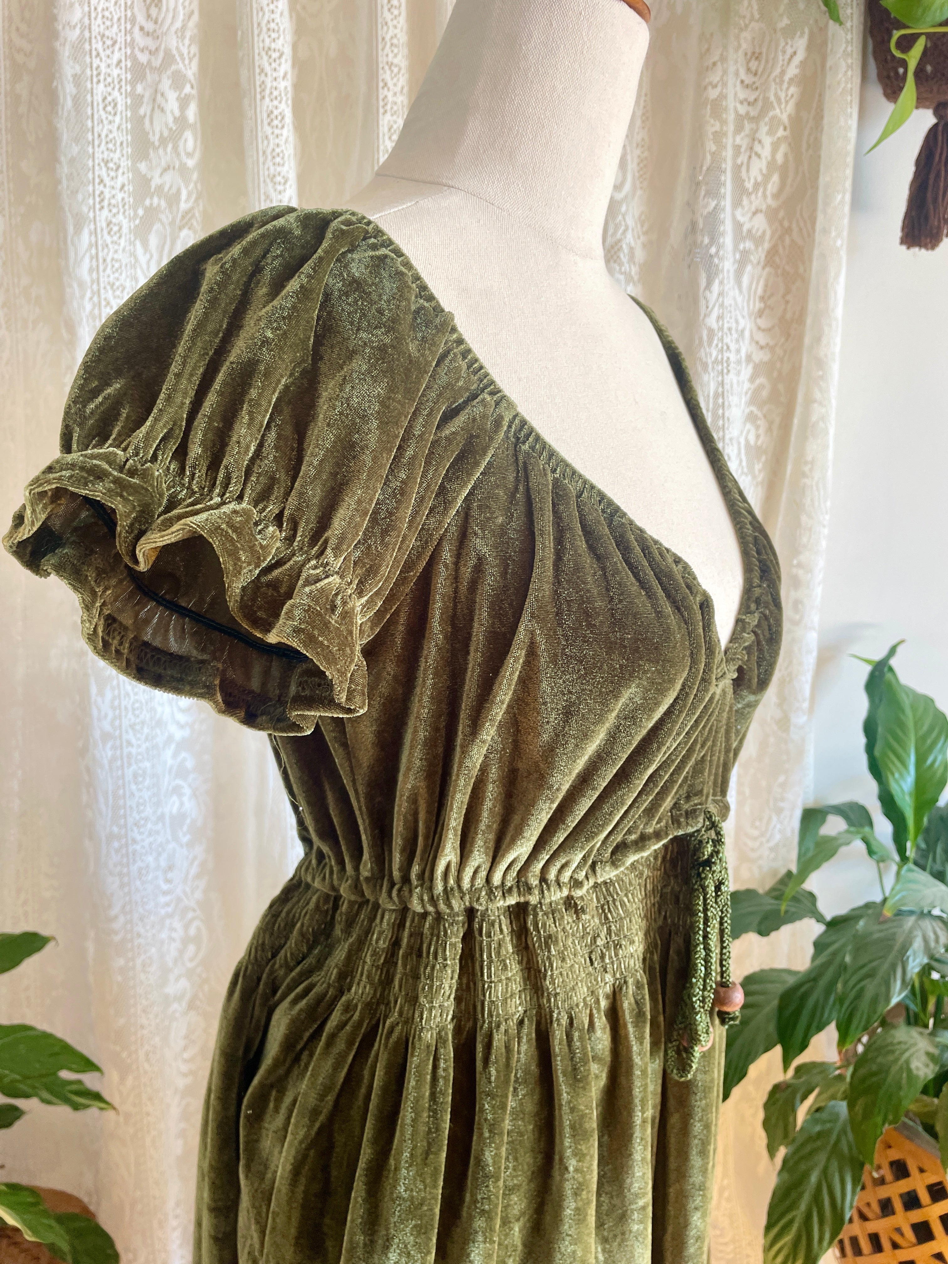 Olive Green Velvet Peasant Style Mini Dress