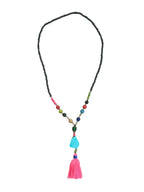 Long necklace with blue stone and pink tassel