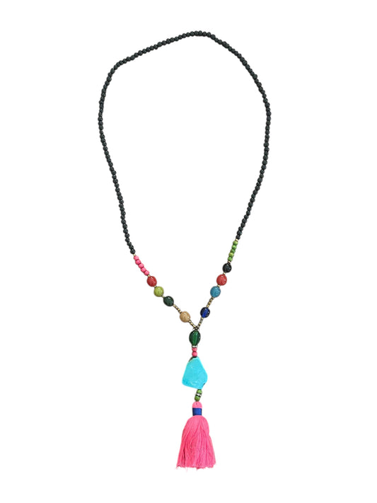 Long necklace with blue stone and pink tassel