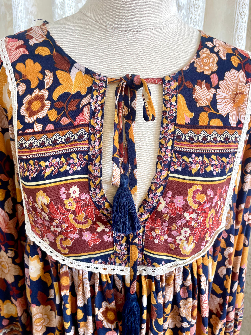Salty Bright Ochre & Navy Floral Boho Peasant Top – Size 12