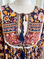 Salty Bright Ochre & Navy Floral Boho Peasant Top – Size 12