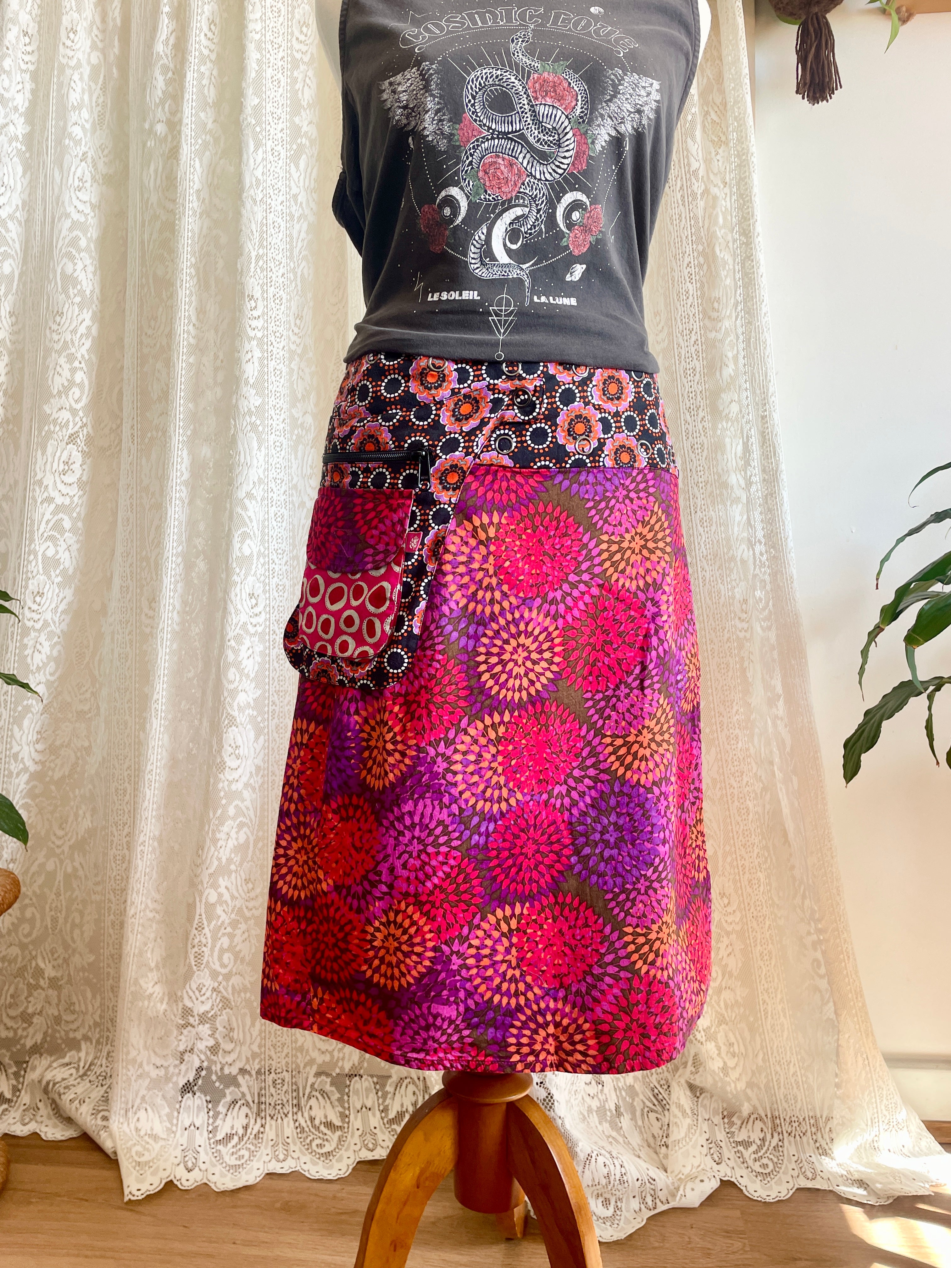 Bold Print Adjustable Wrap Skirt with Pocket - Pink
