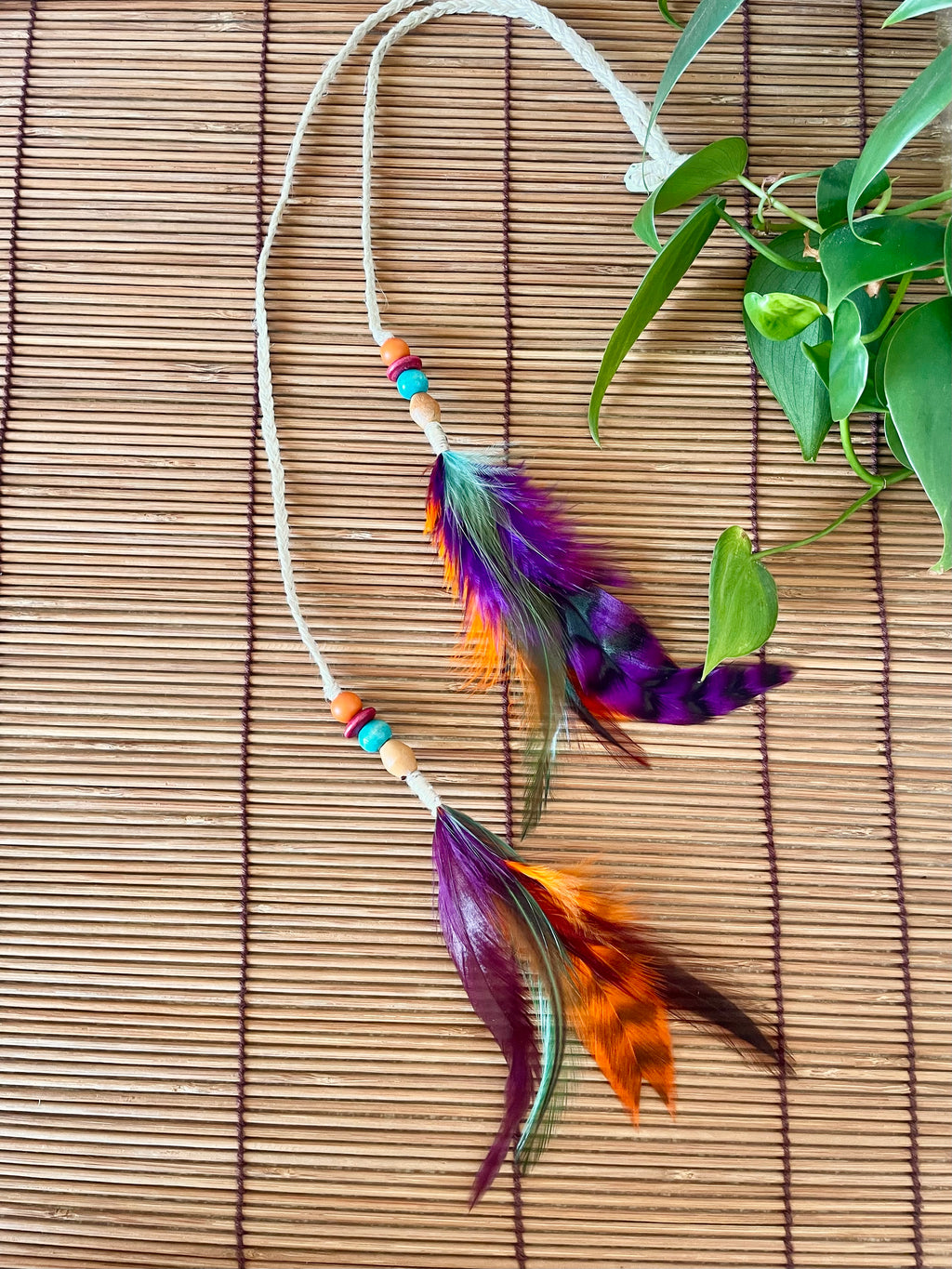 Feather & Hemp Hair Extension - Double Stranded Natural with Rainbow Feathers