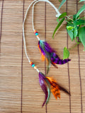 Feather & Hemp Hair Extension - Double Stranded Natural with Rainbow Feathers