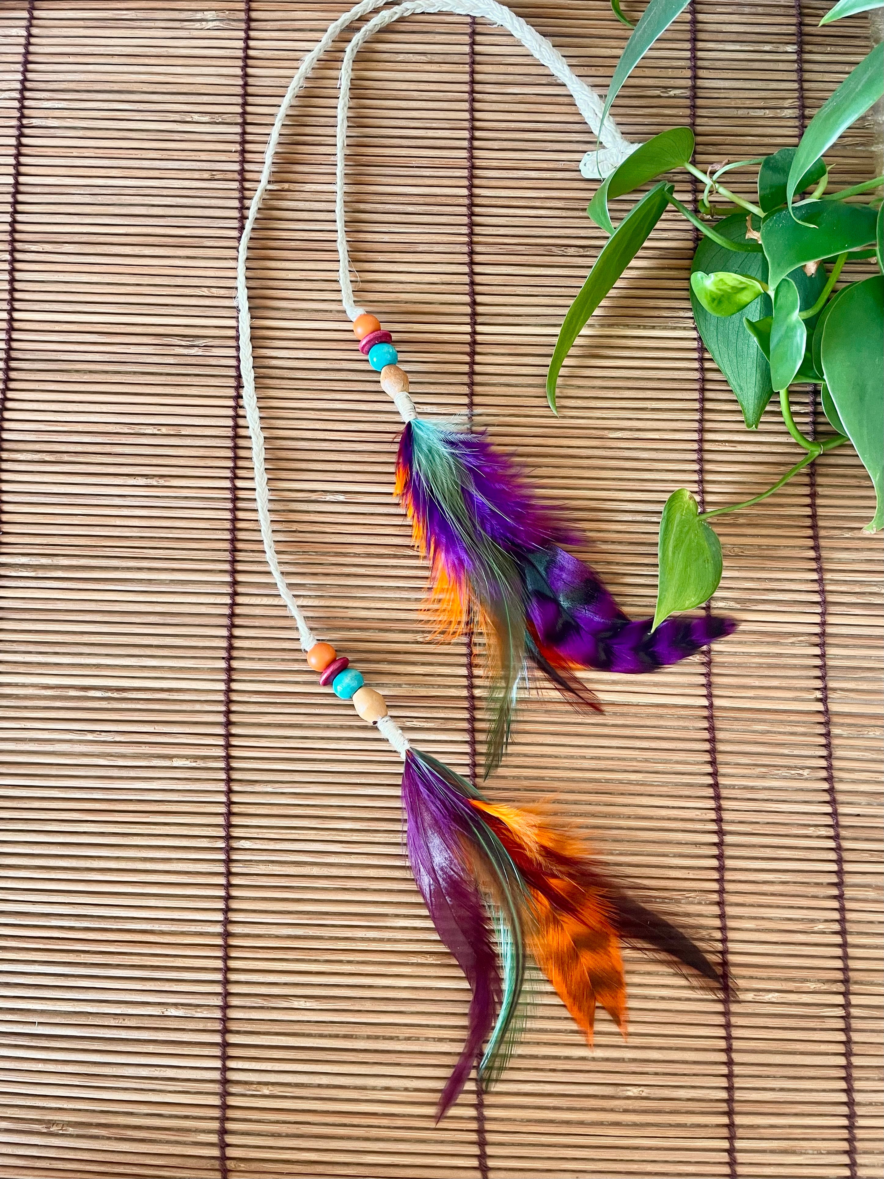 Feather & Hemp Hair Extension - Double Stranded Natural with Rainbow Feathers