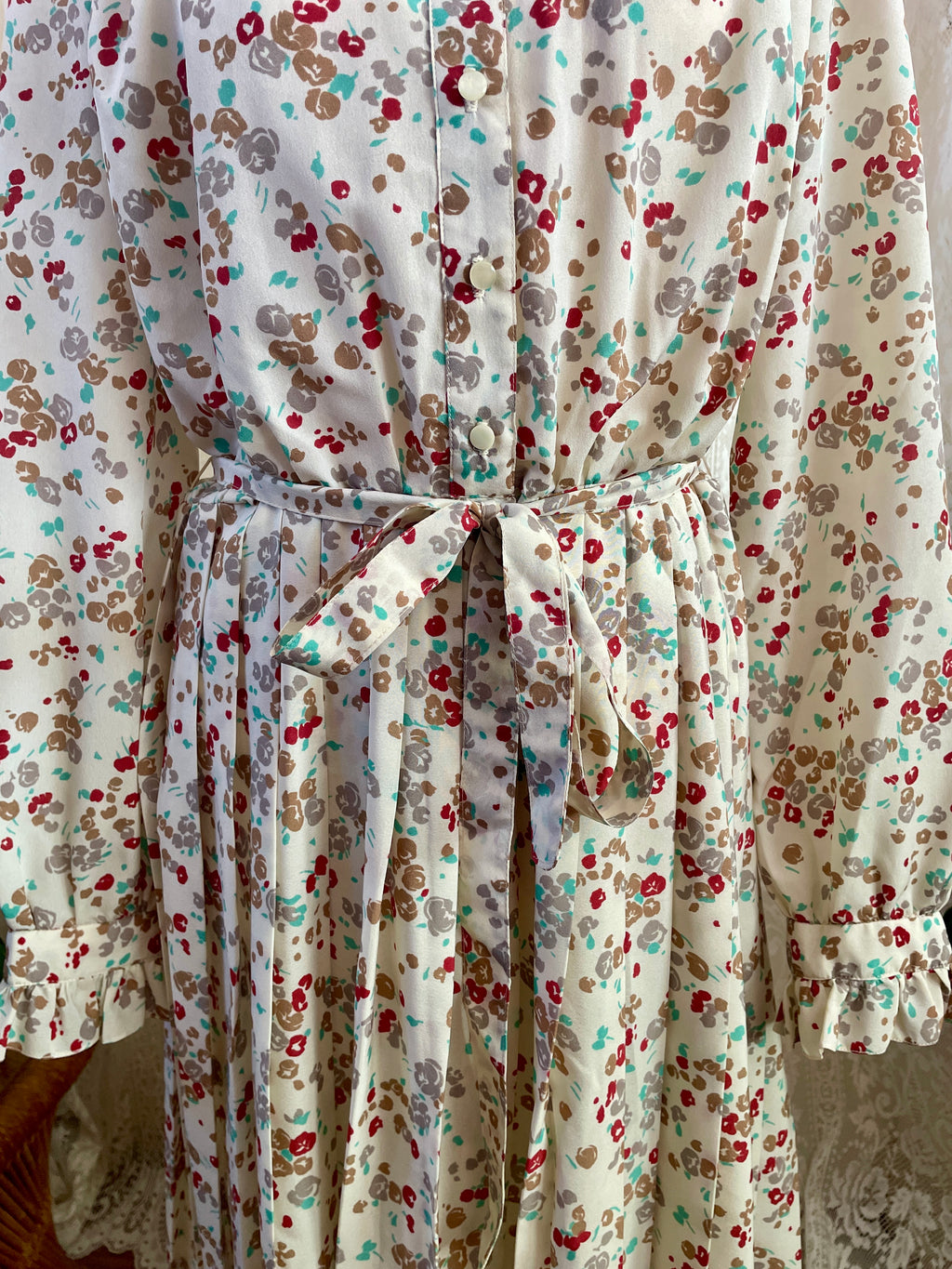Vintage Alexon Sportset British Prairie Dress – High Neck Ruffle Floral Midi - Sz 12