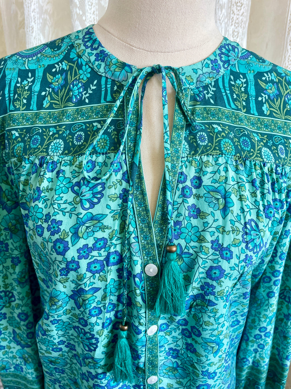70s Inspired Turquoise Gypsy Border Print Blouse Sz 14