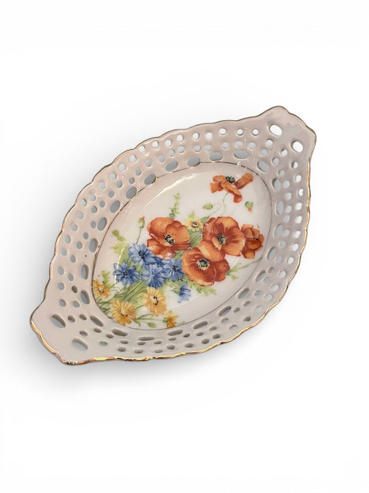 Floral Poppy Trinket Dish with Gold Trims