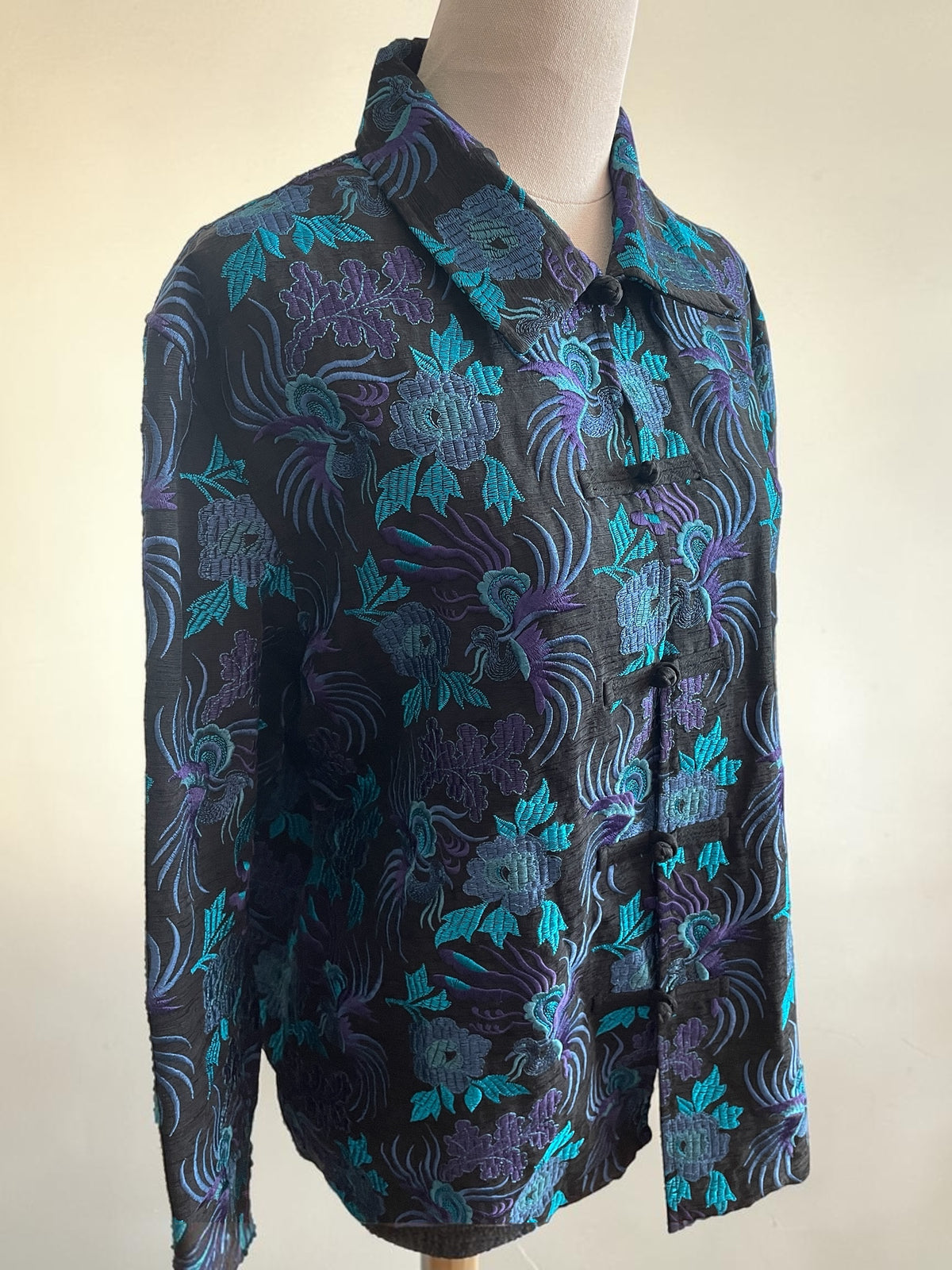 Vintage Chico's Design Silk Linen Embroidered Jacket - Teal Purple Asian Frog Closure Shirt