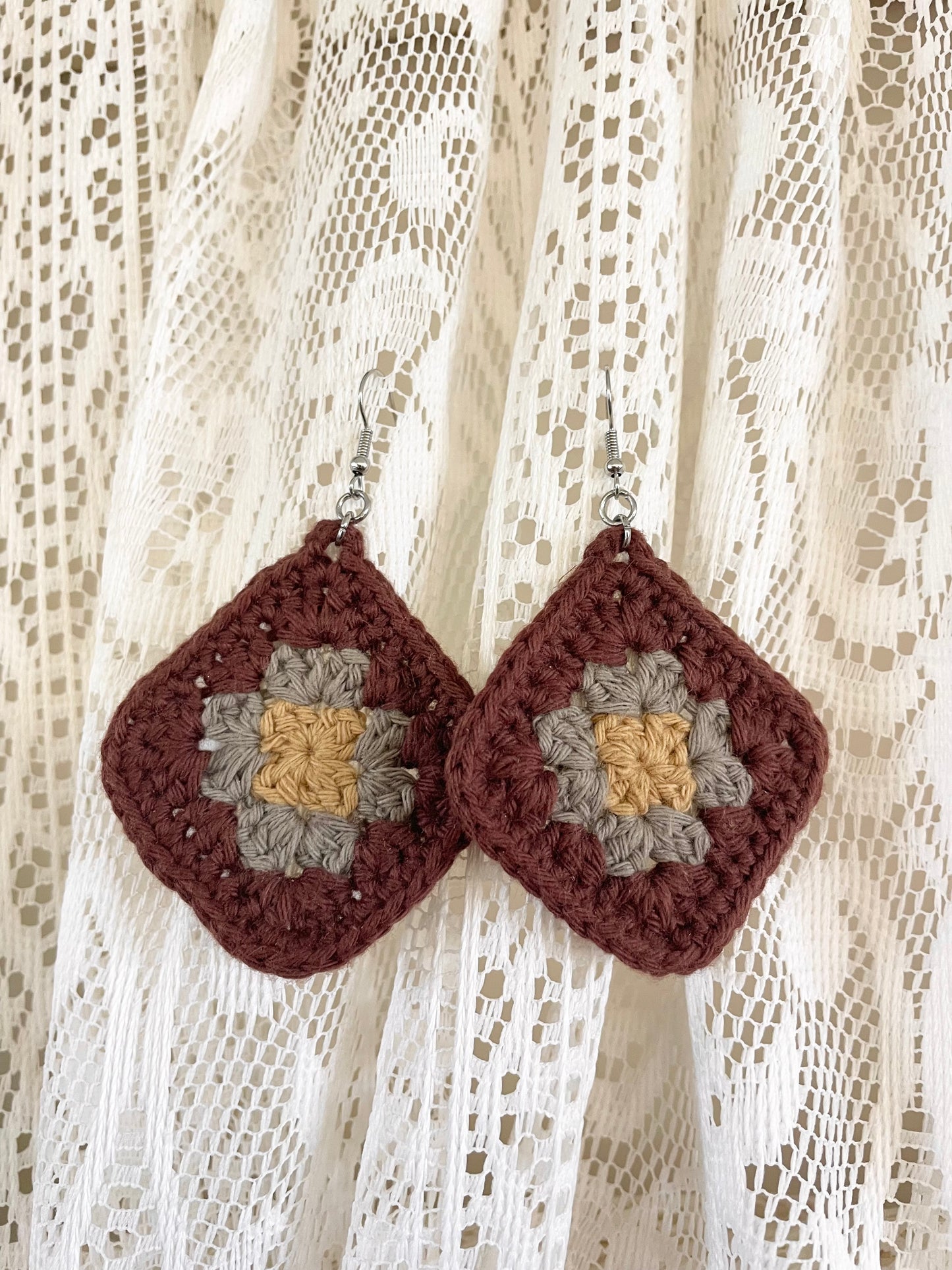 Crochet Mojo Moon Square Earrings - Brown/Sage
