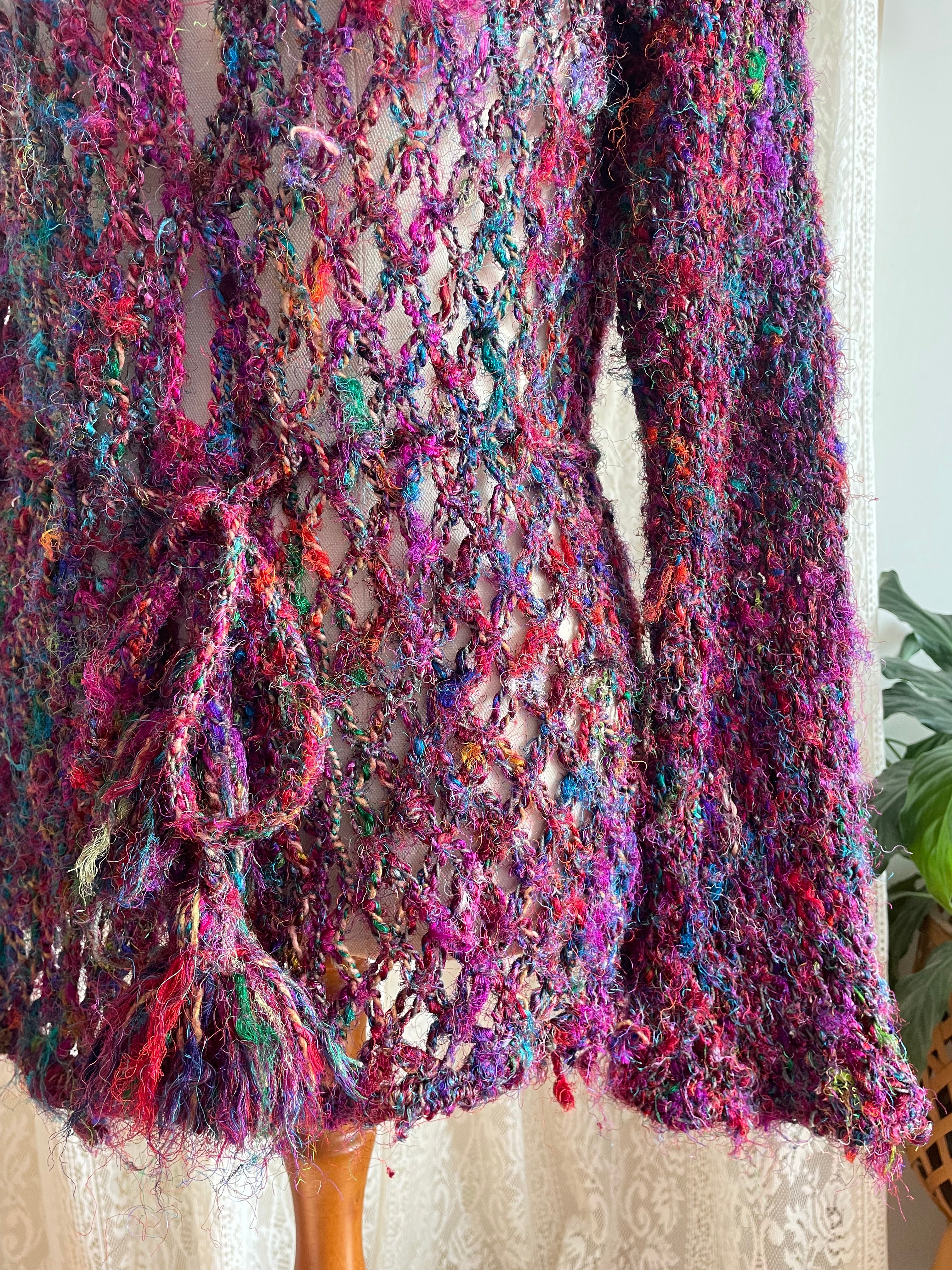 Boho Recycled Sari Silk Crochet Cardigan - Fairycore Open Knit