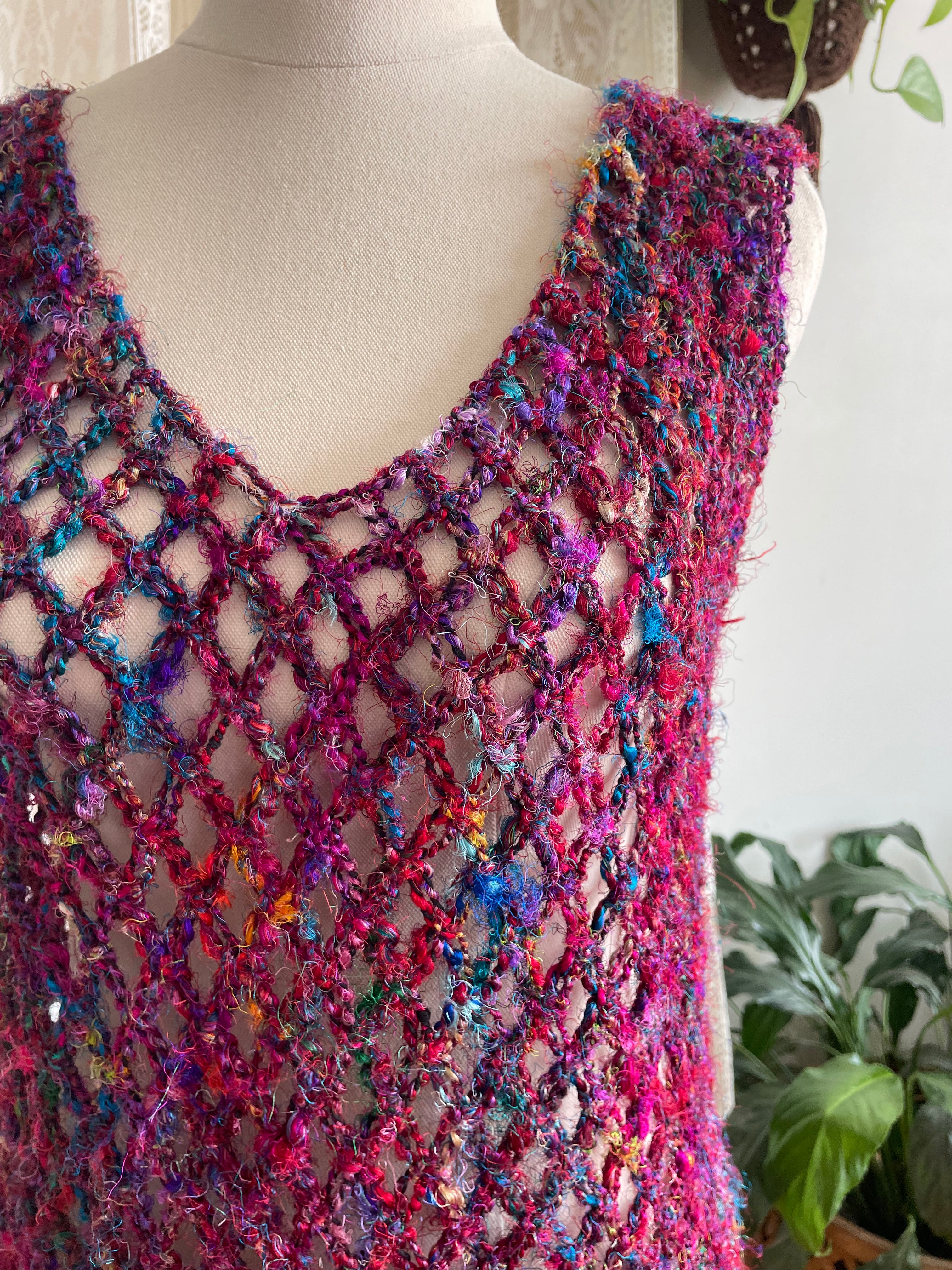 Recycled silk crochet sleeveless mesh dress/top