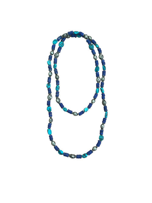 Blue gemstone and silver bead necklace