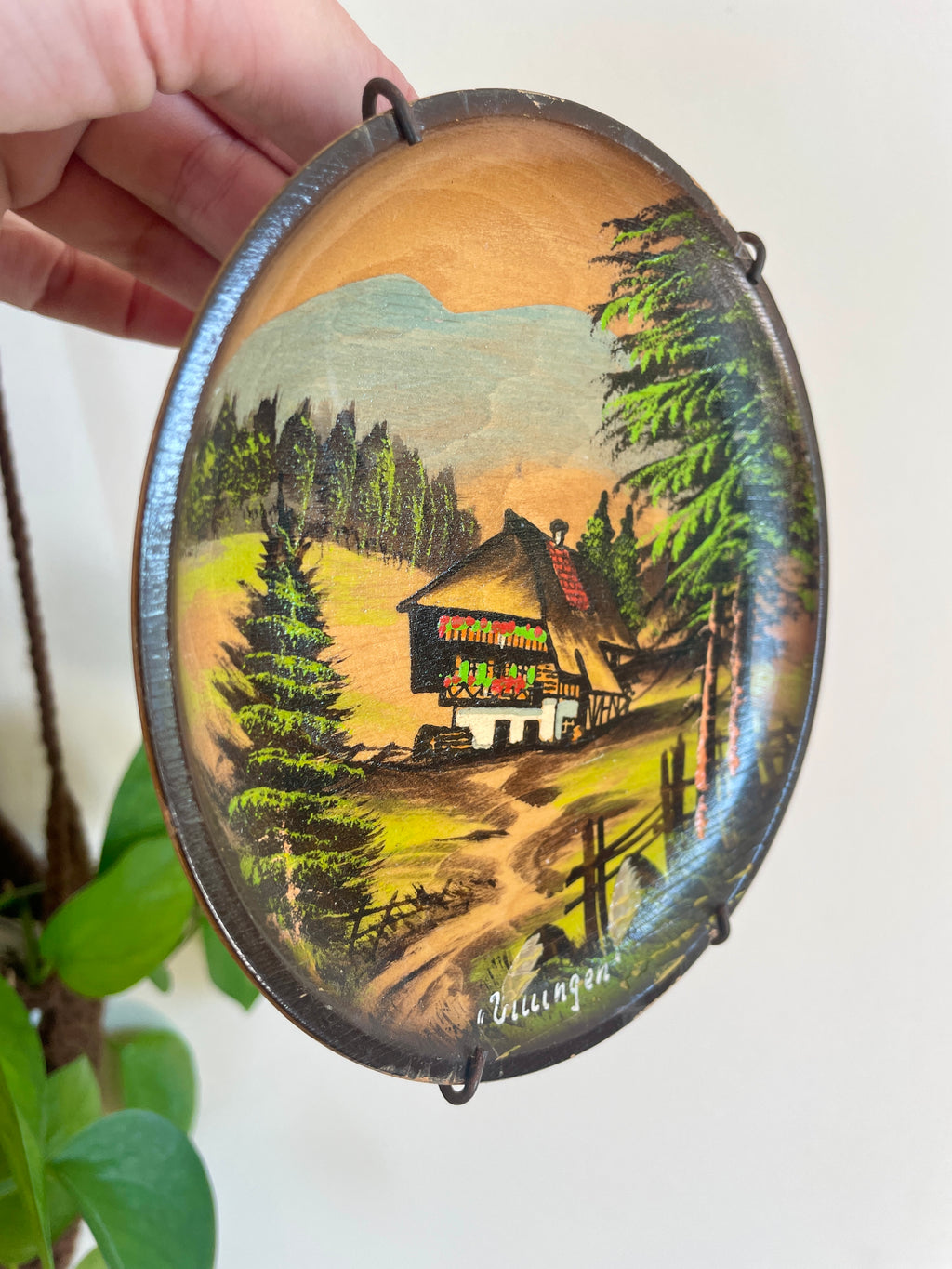 Vintage German Folk Art Wall Hanging Farmhouse Scene Wood Plate