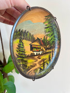 Vintage German Folk Art Wall Hanging Farmhouse Scene Wood Plate