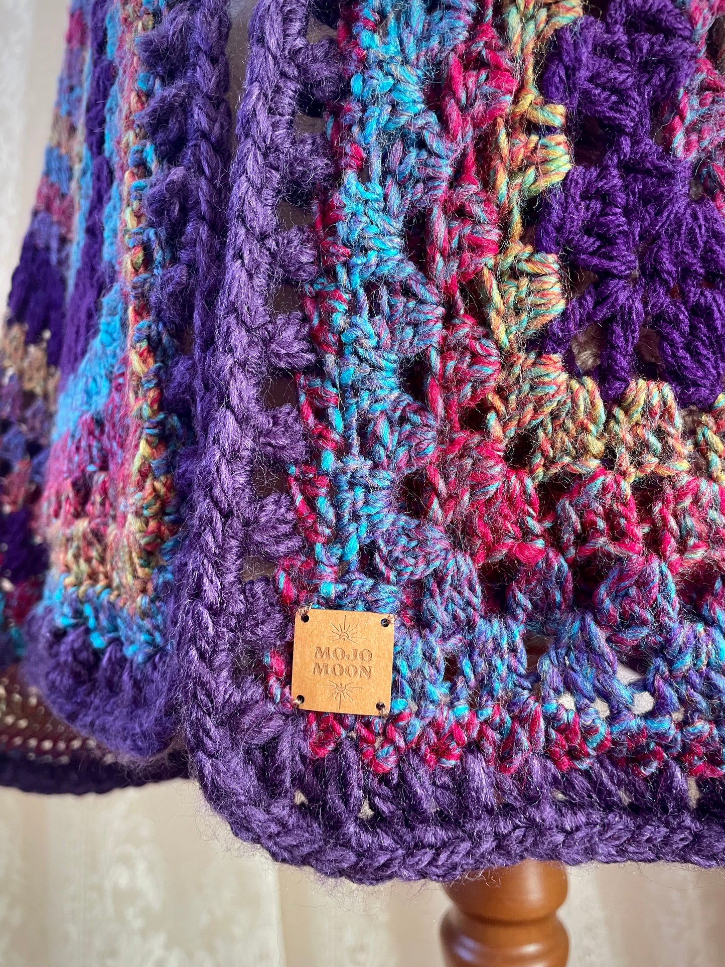 Purple Rainbow Reversible Crochet Cardigan with Bell Sleeves