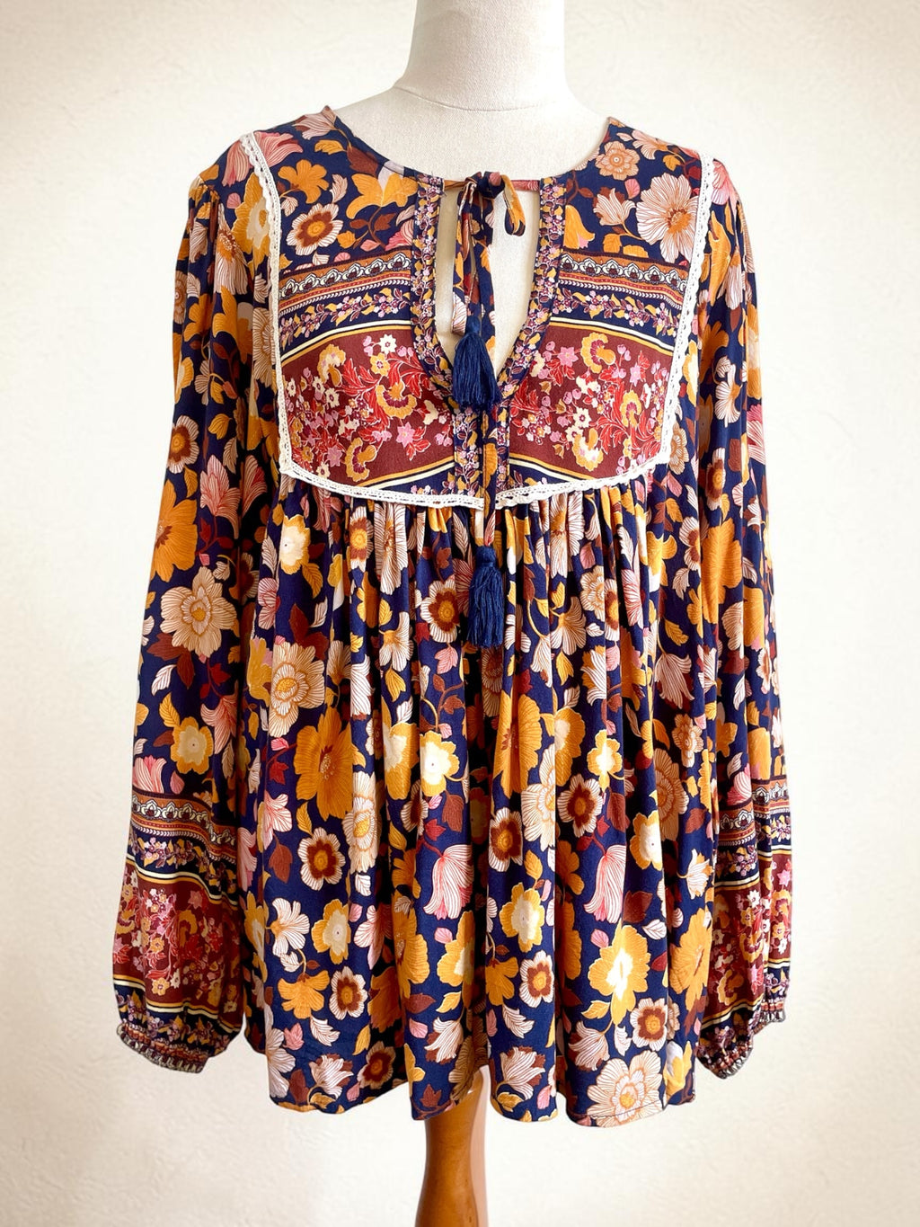 Salty Bright Ochre & Navy Floral Boho Peasant Top – Size 12