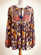 Salty Bright Ochre & Navy Floral Boho Peasant Top – Size 12