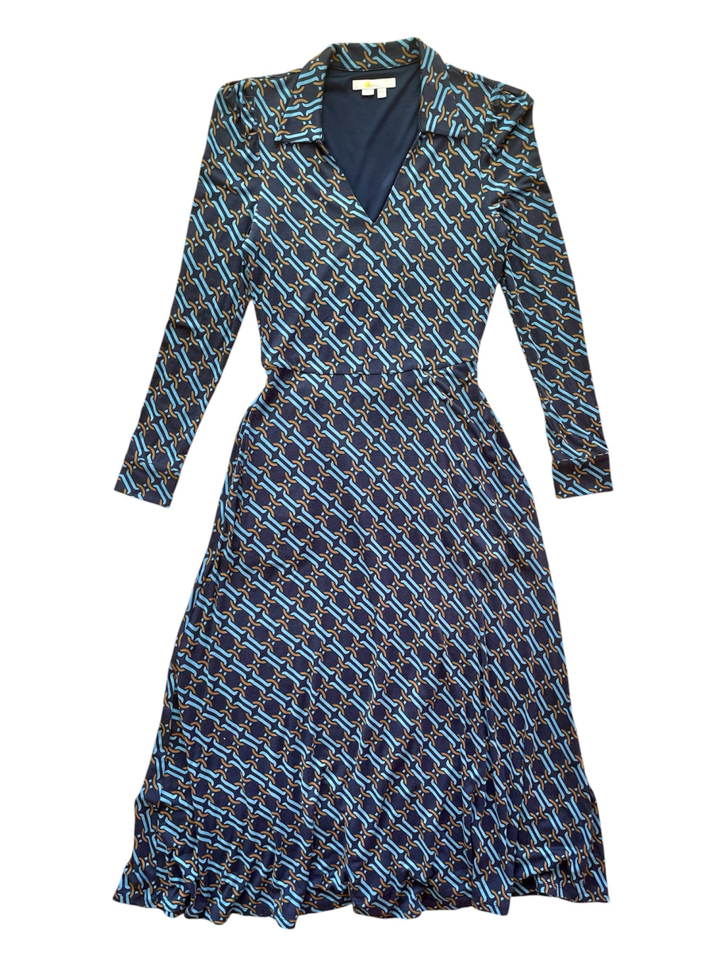 Retro Print Long Sleeve Belted Dress
