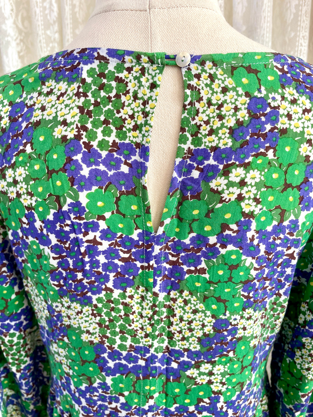Blue & Green Retro Floral Print 3/4 Sleeve Dress