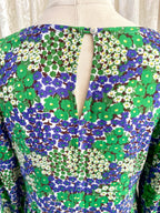 Blue & Green Retro Floral Print 3/4 Sleeve Dress