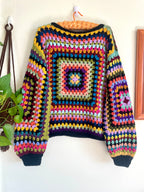 Crochet granny square jumper, multicolour, black trims