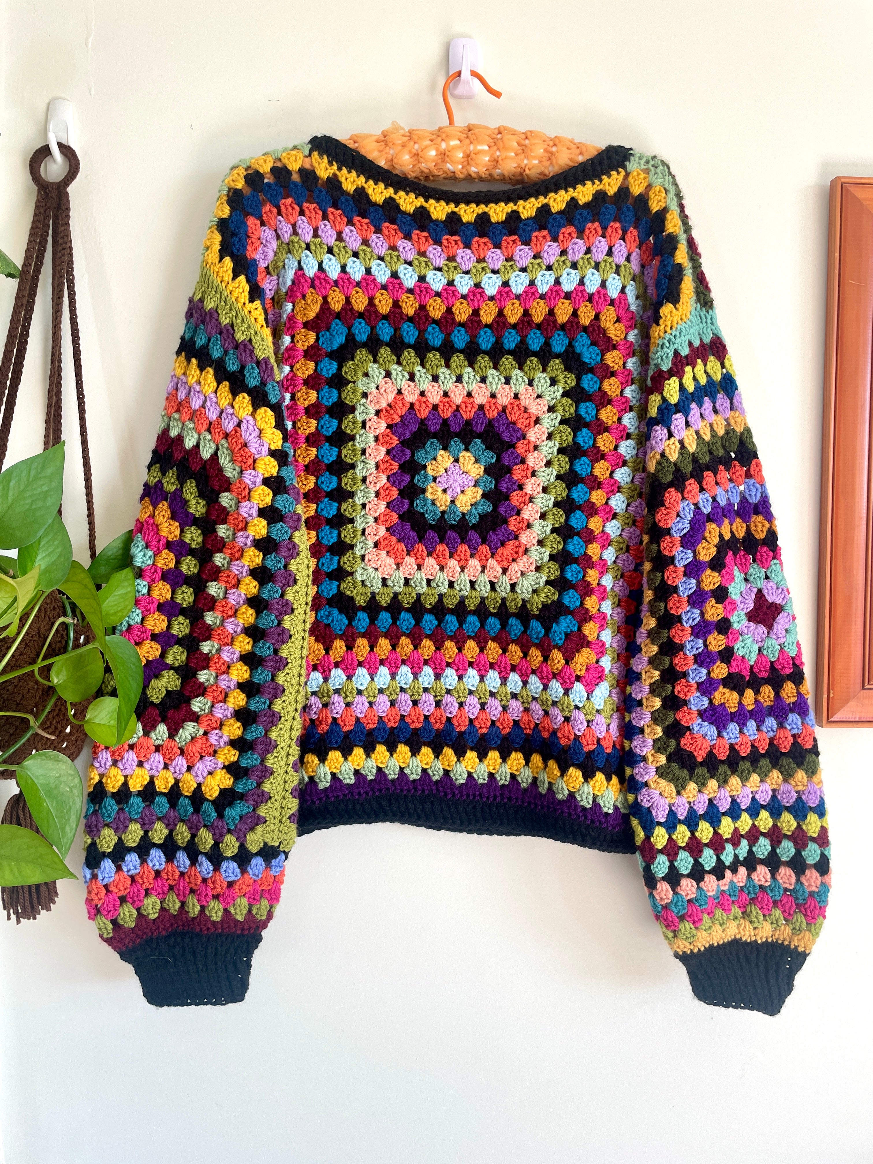Crochet granny square jumper, multicolour, black trims