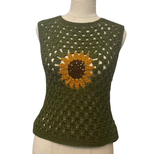 Crochet Sunflower Hippie Vest -  GREEN