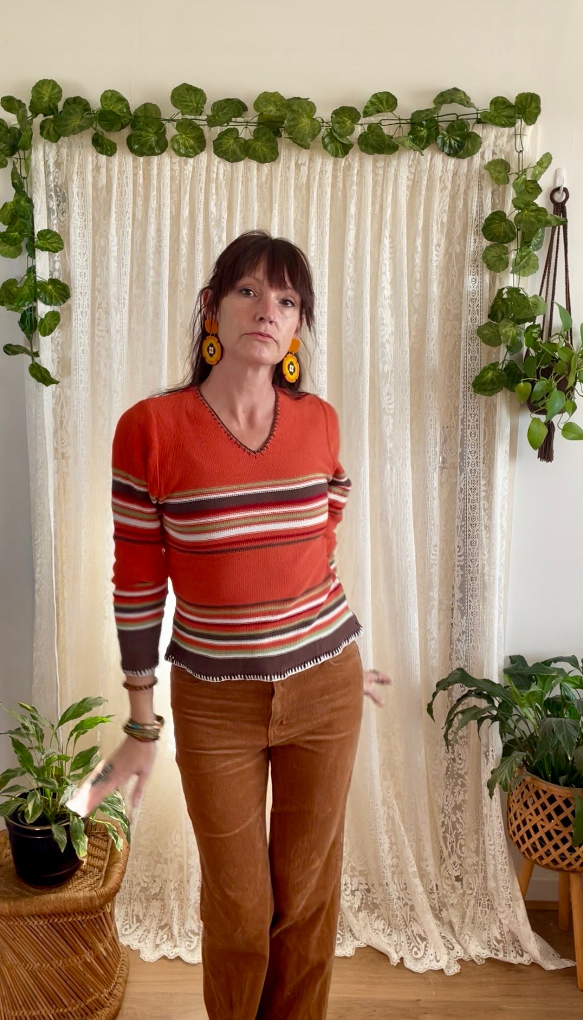 Retro style Y2K orange & brown striped cotton jumper