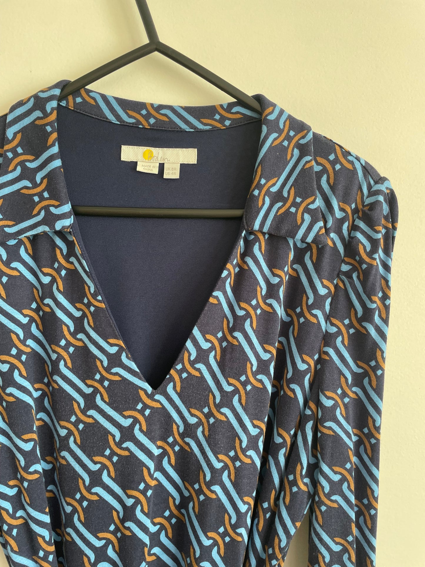 Retro Print Long Sleeve Belted Dress