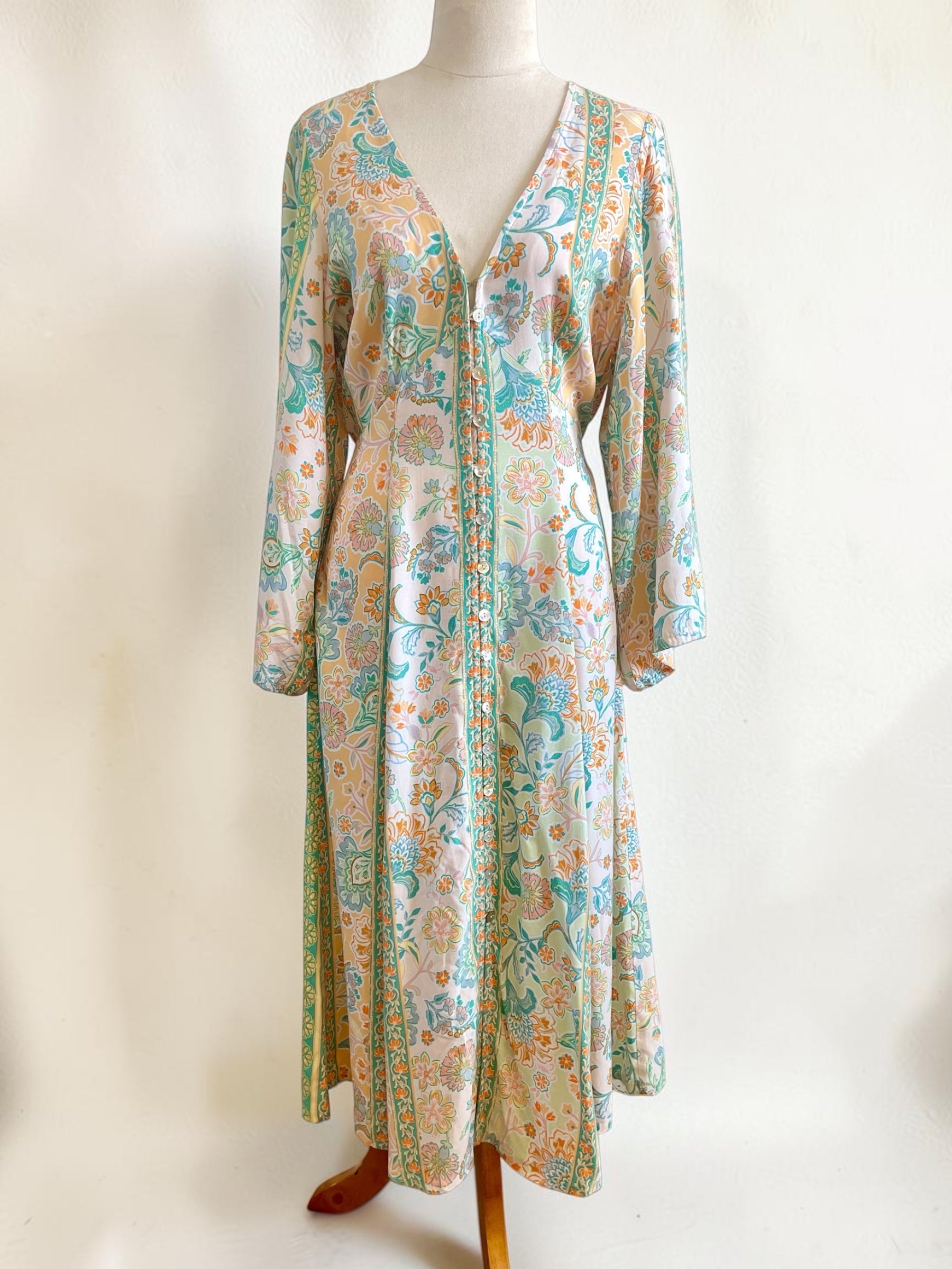 Pastel Mint & Peach Floral Boho Midi Dress – Button Down Duster Sz 12