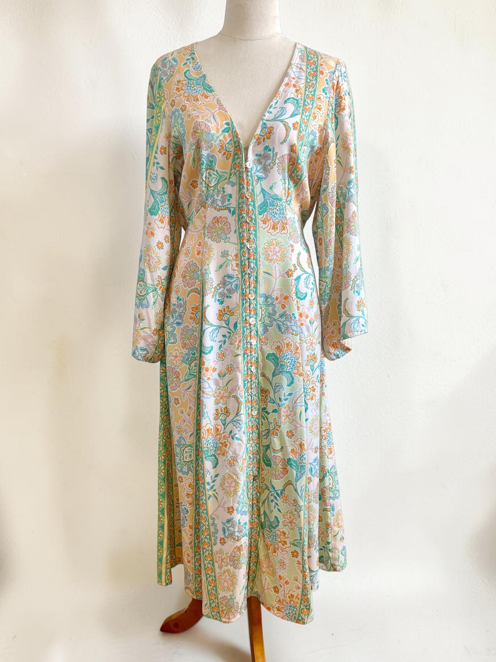 Pastel Mint & Peach Floral Boho Midi Dress – Button Down Duster Sz 12