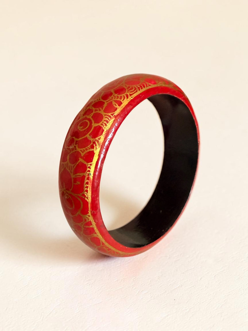 Vintage Hand Painted Wooden Bangle Red Gold Kashmiri Lacquer Boho Statement Bracelet