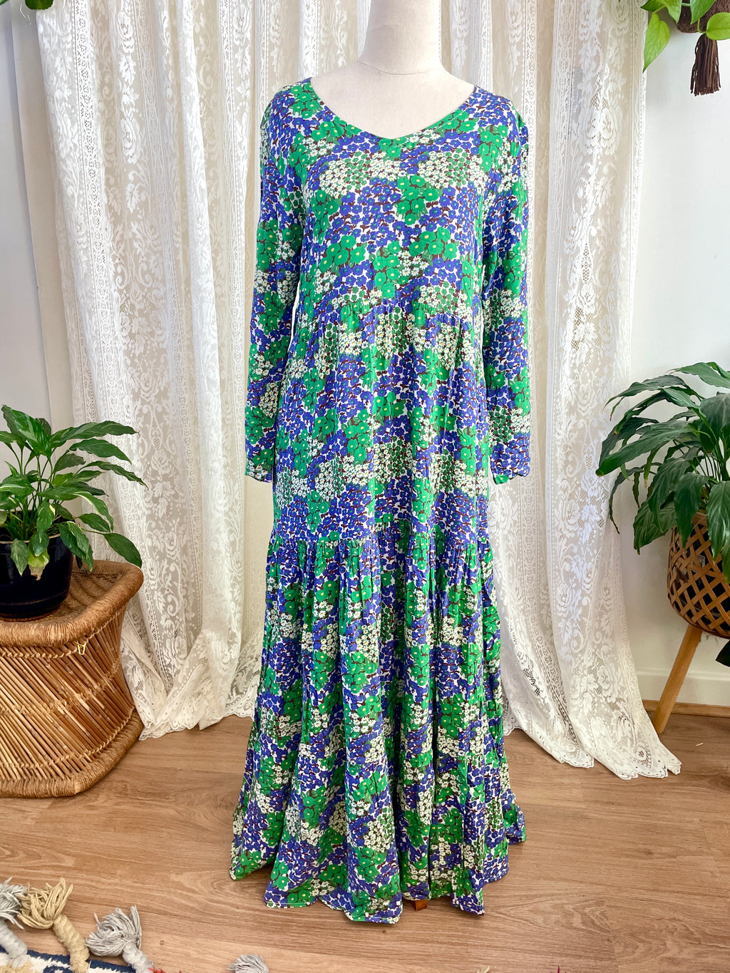 Blue & Green Retro Floral Print 3/4 Sleeve Dress