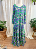 Blue & Green Retro Floral Print 3/4 Sleeve Dress