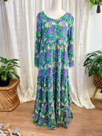 Blue & Green Retro Floral Print 3/4 Sleeve Dress
