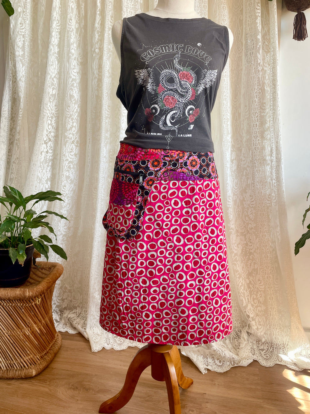 Bold Print Adjustable Wrap Skirt with Pocket - Pink