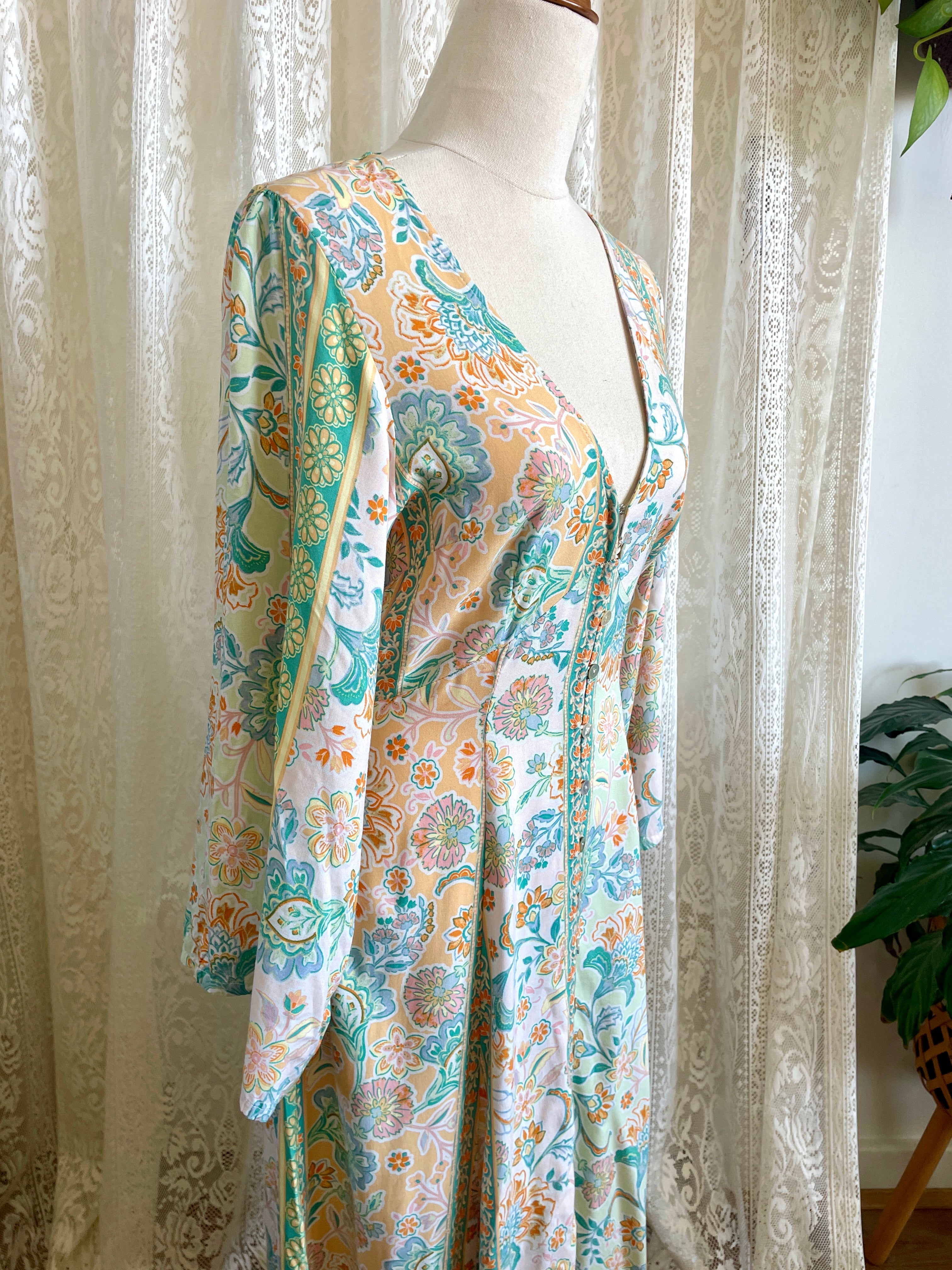 Pastel Mint & Peach Floral Boho Midi Dress – Button Down Duster Sz 12