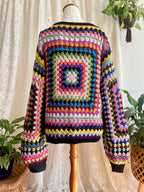 Crochet granny square jumper, multicolour, black trims