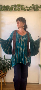 Blue & Brown tie dye bell sleeve top