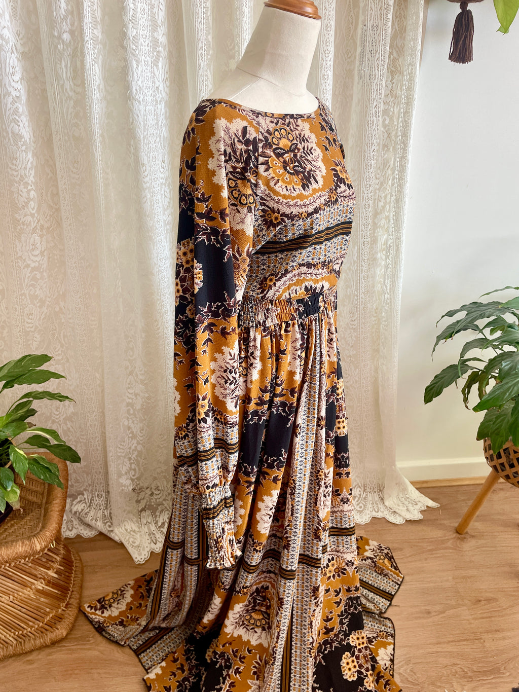 70s Vibe Boho Chic Scarf Print Maxi Dress - Ochre Gold Mustard Paisley Festival Long Sleeve Blouson Dress