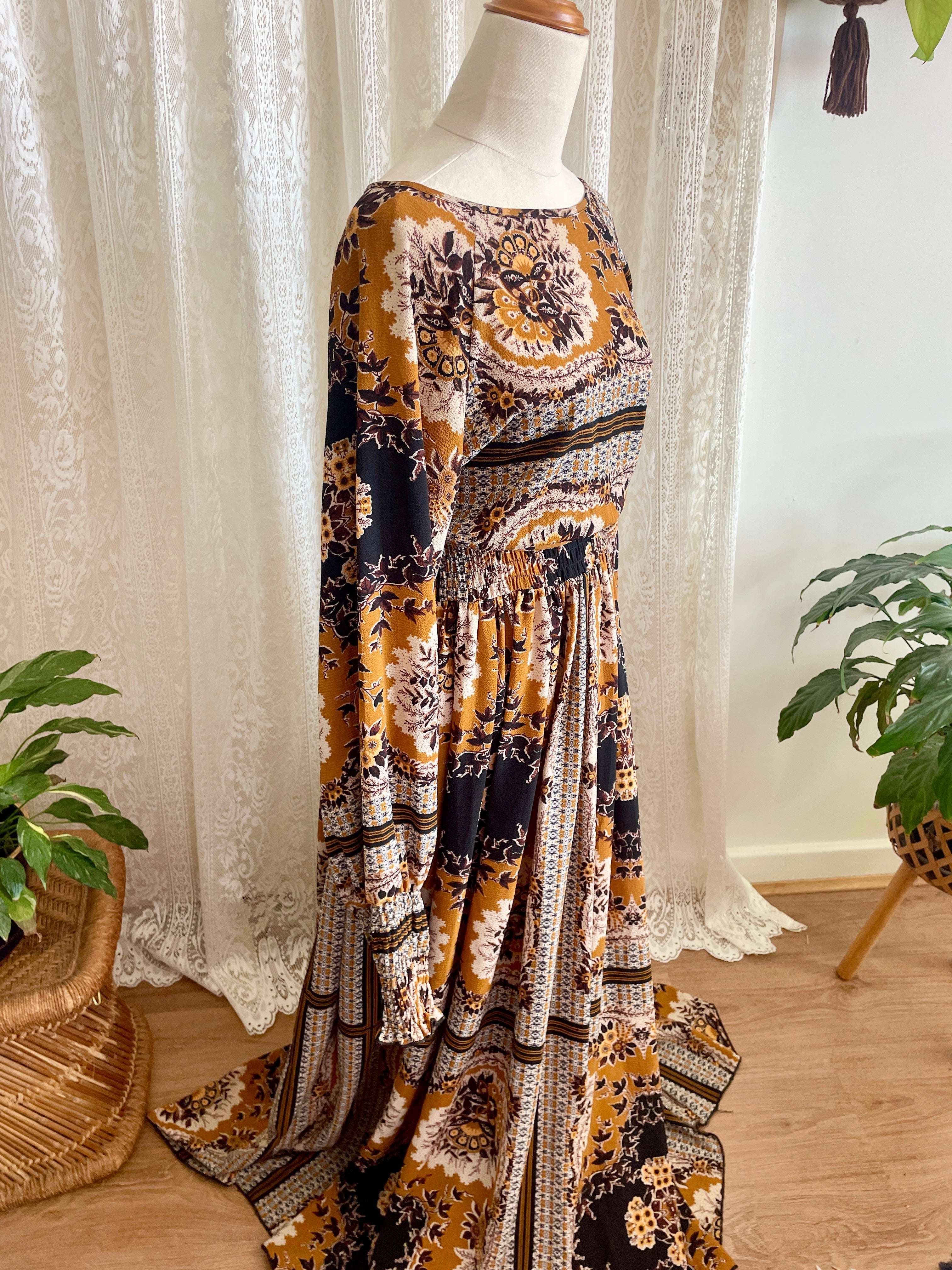 70s Vibe Boho Chic Scarf Print Maxi Dress - Ochre Gold Mustard Paisley Festival Long Sleeve Blouson Dress
