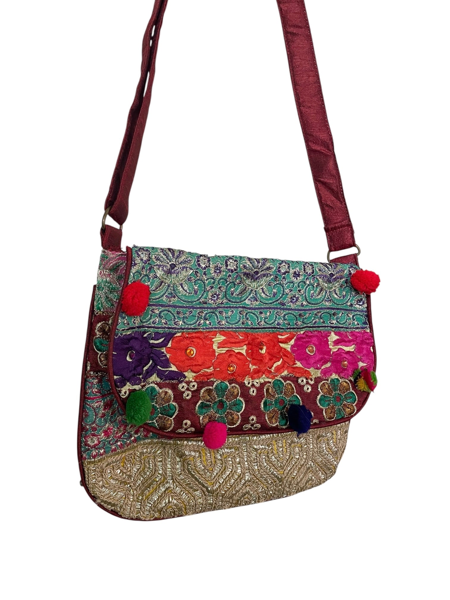 Bright Patchwork Shoulder Bag with Pom Pom details