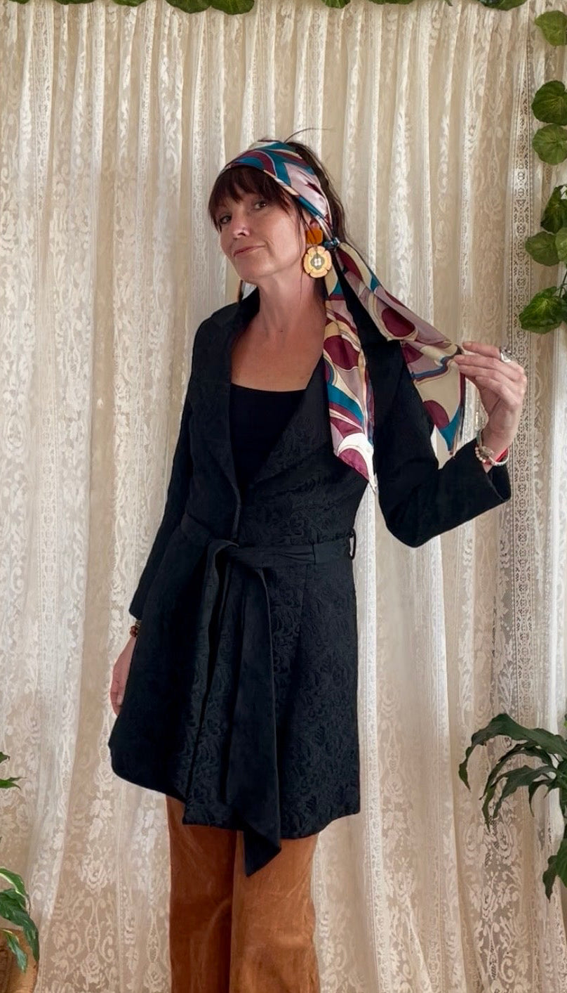 Black Jacquard Belted Coat