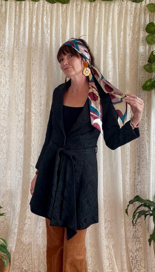 Black Jacquard Belted Coat